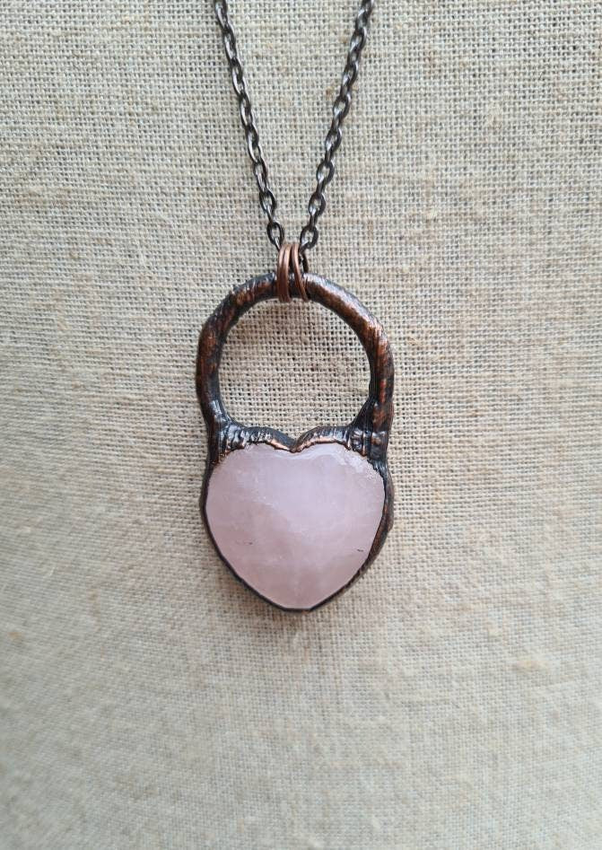 Rose Quartz Pendant - Heart Gemstone - Copper Electroformed