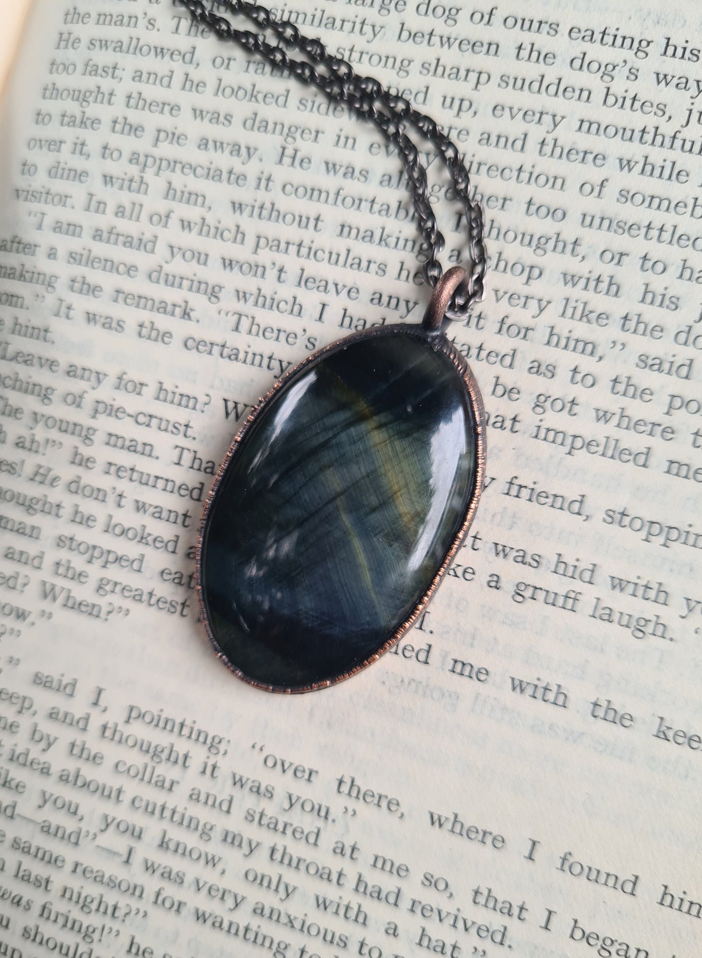 Blue Tigers Eye Pendant - Oval Gemstone - Copper Electroformed