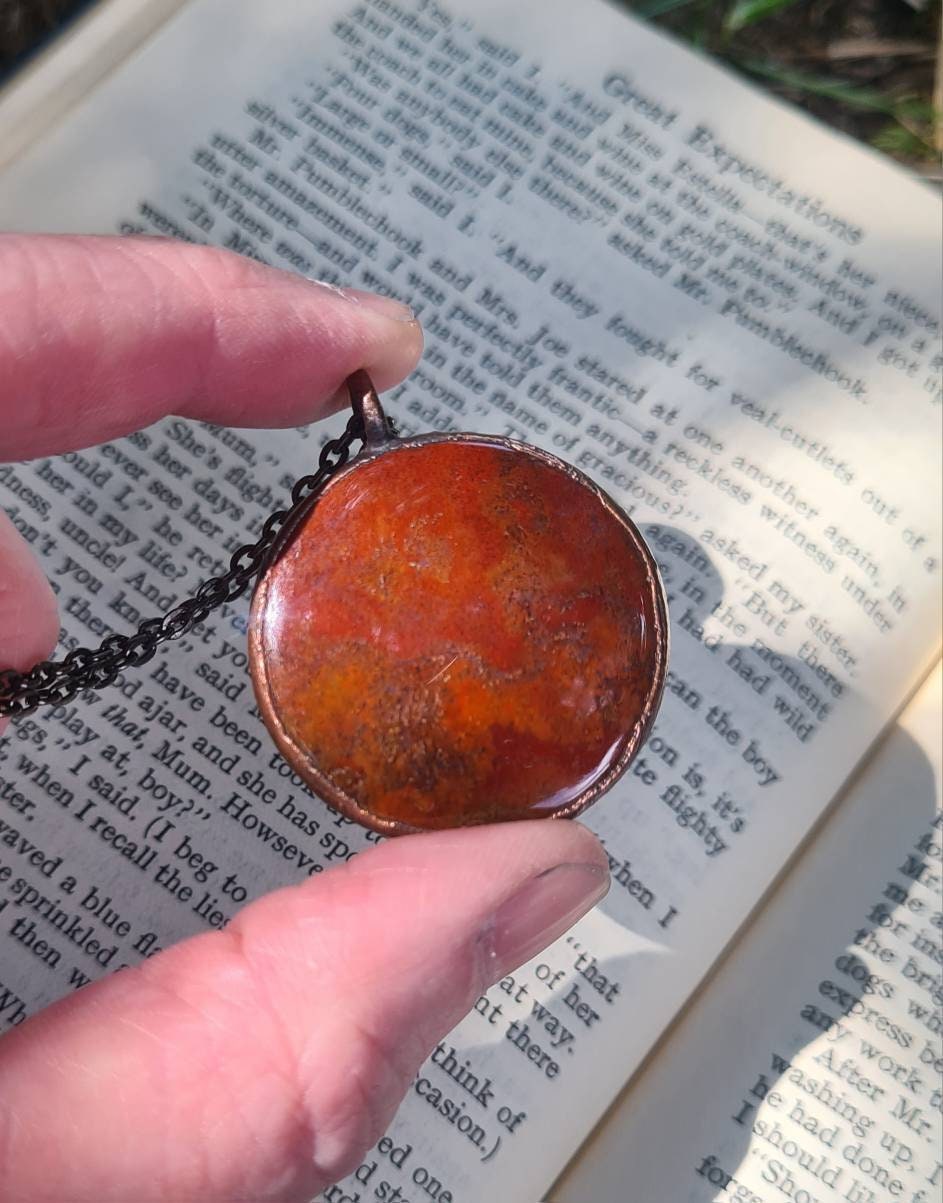 Red Moss Agate Pendant - Round Gemstone - Copper Electroformed