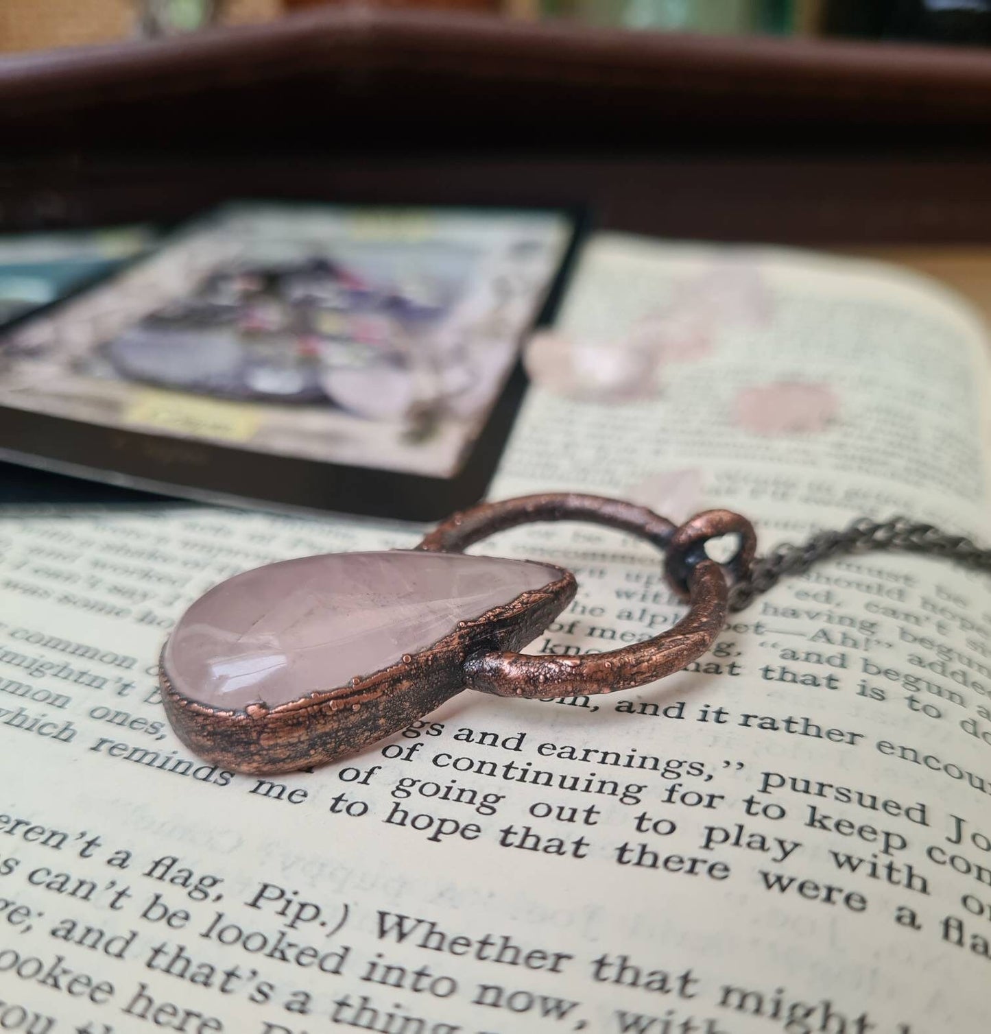 Rose Quartz Pendant - Teardrop Gemstone - Copper Electroformed