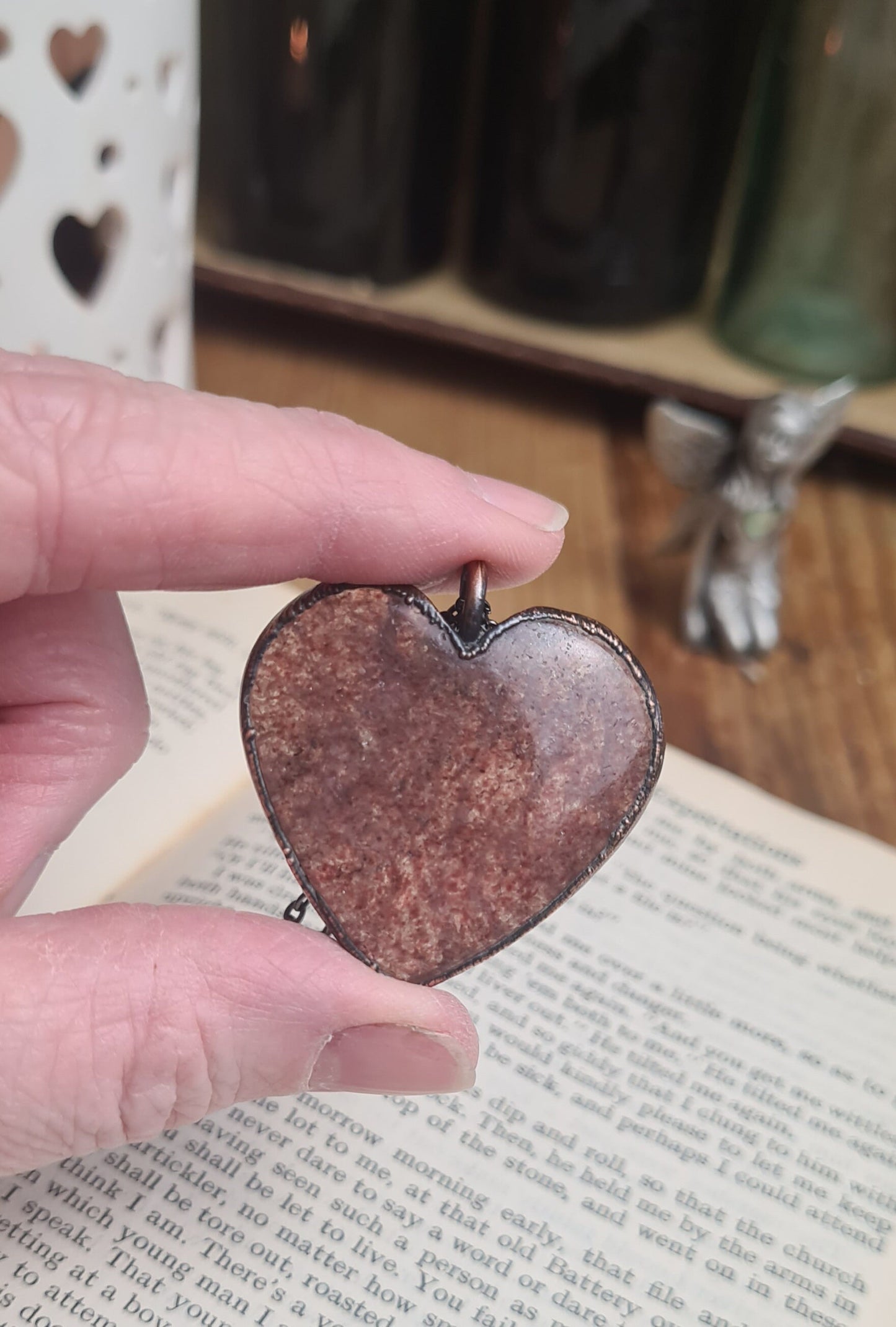 Strawberry Quartz Pendant - Heart Gemstone - Copper Electroformed