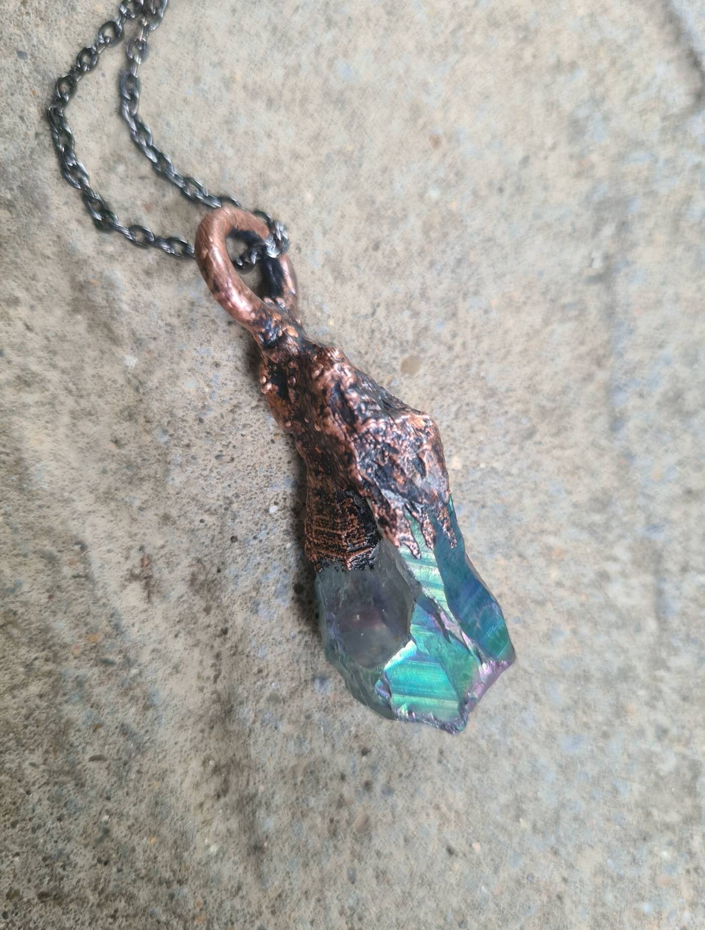 Titanium Coated Quartz Pendant - Crystal Gemstone - Copper Electroformed