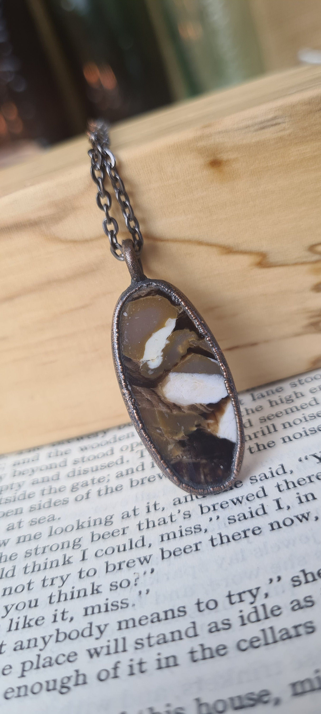 Brown Peanut Wood Pendant - Oval Gemstone - Copper Electroformed