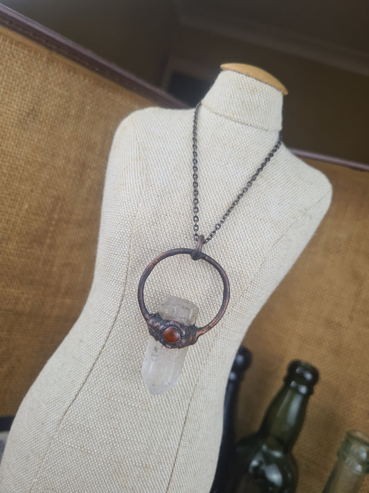 Quartz And Amber Pendant - Crystal Gemstone - Copper Electroformed