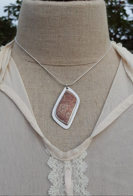 Fossilized Coral Pendant - Freeform Gemstone - Sterling Silver
