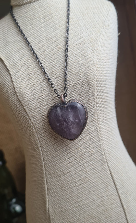 Purple Amethyst Pendant - Heart Gemstone - Copper Electroformed