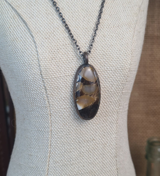 Brown Peanut Wood Pendant - Oval Gemstone - Copper Electroformed