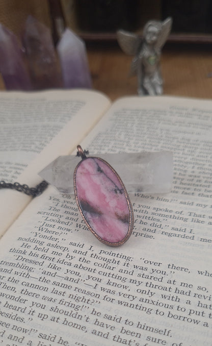 Pink Rhodonite Pendant - Oval Gemstone - Copper Electroformed