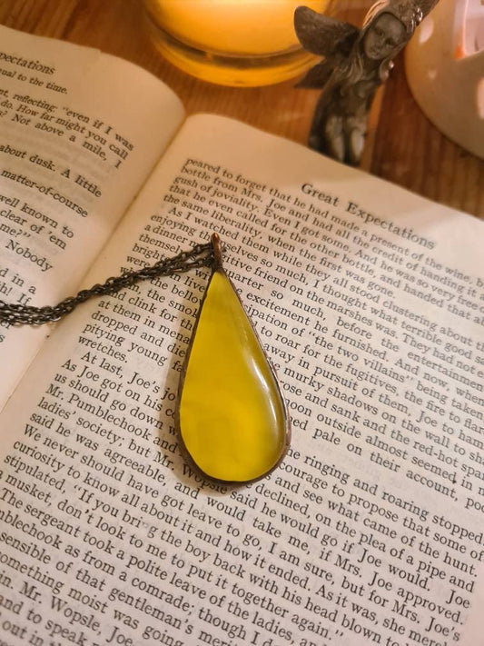 Yellow Onyx Pendant - Teardrop Gemstone - Copper Electroformed