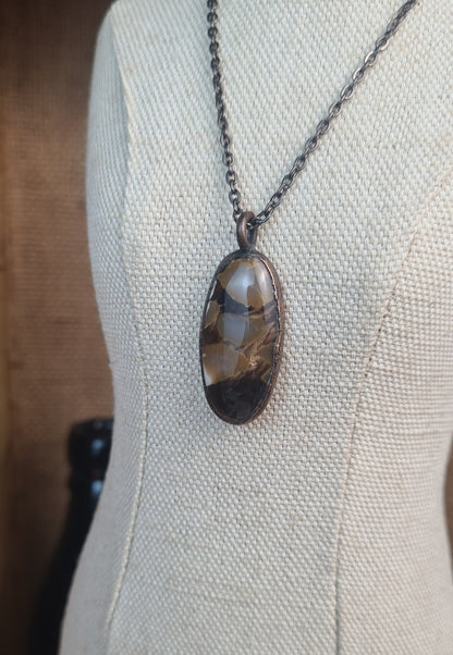 Brown Peanut Wood Pendant - Oval Gemstone - Copper Electroformed