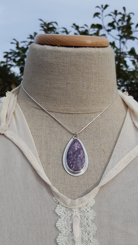 Purple Charoite Pendant - Oval Gemstone - Sterling Silver