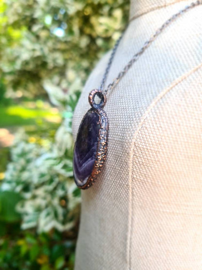 Chevron Amethyst Pendant - Oval Gemstone - Copper Electroformed