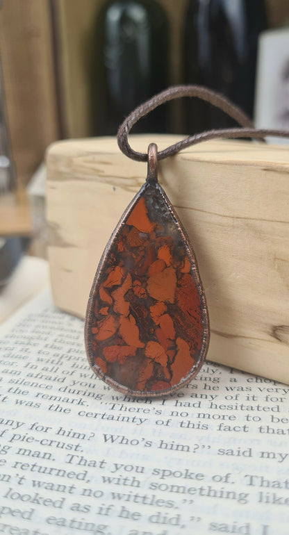 Brecciated Red Jasper Pendant - Teardrop Gemstone - Copper Electroformed