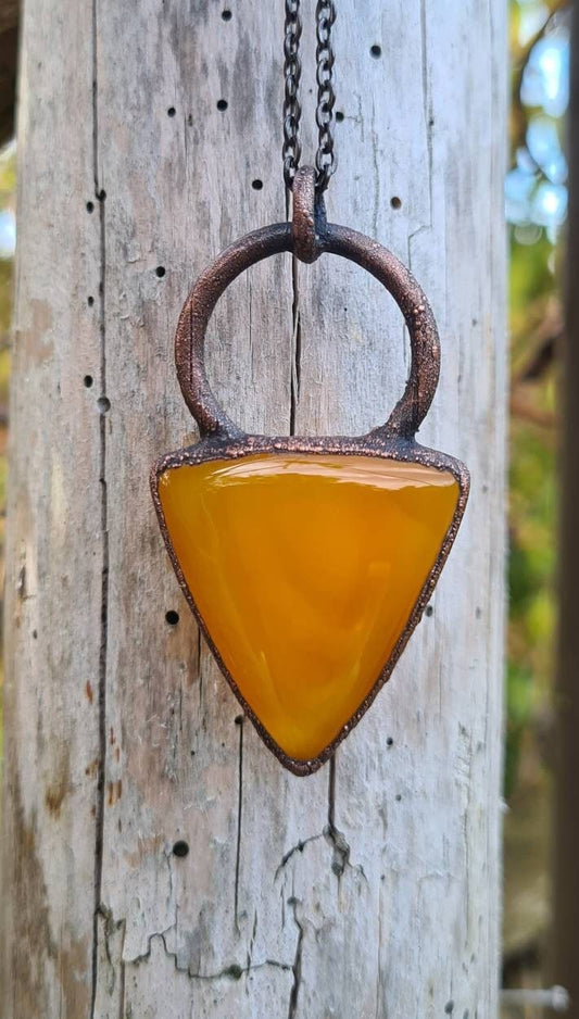 Orange Carnelian Pendant - Triangle Gemstone - Copper Electroformed