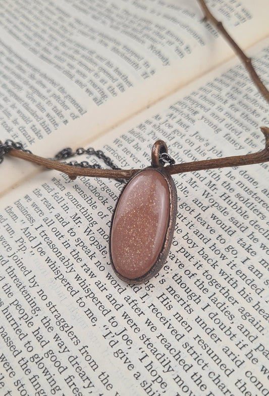 Peach Moonstone Pendant - Oval Gemstone - Copper Electroformed