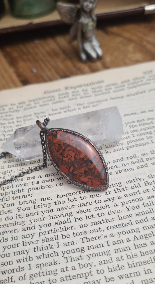 Red Brecciated Jasper Pendant - Oval Gemstone - Copper Electroformed