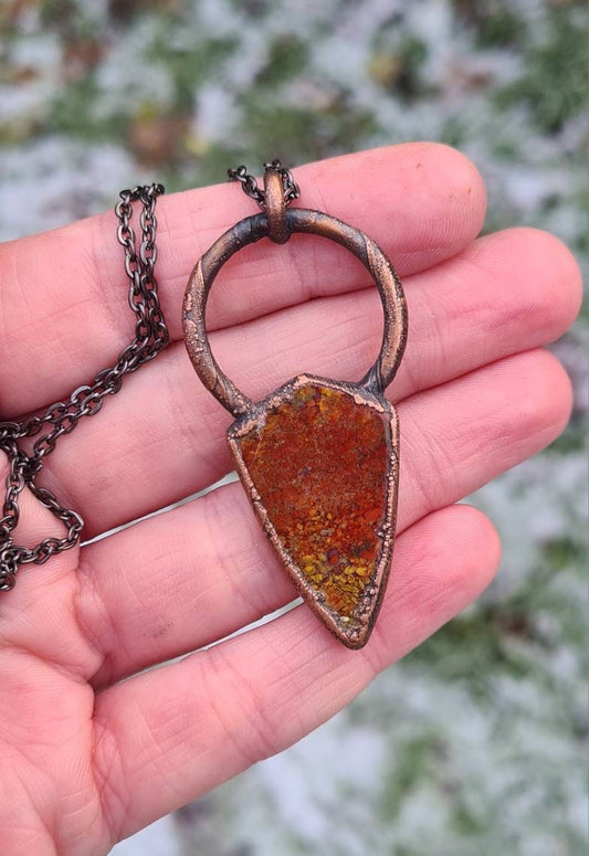 Yellow Moss Agate Pendant - Freeform Gemstone - Copper Electroformed