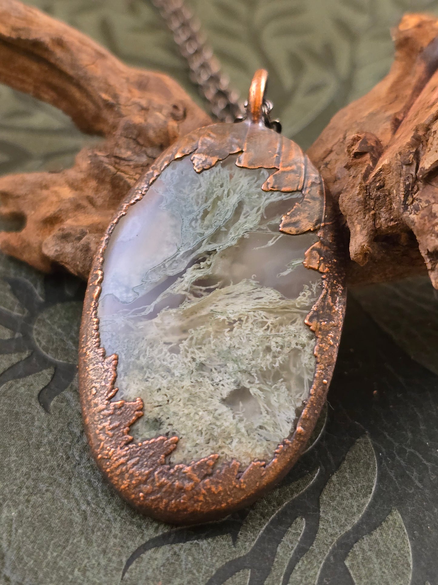 Green Moss Agate Pendant - Oval Gemstone - Copper Electroformed