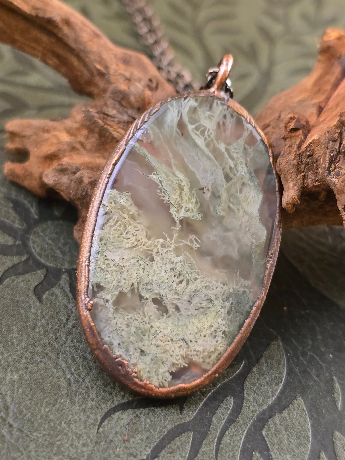Green Moss Agate Pendant - Oval Gemstone - Copper Electroformed