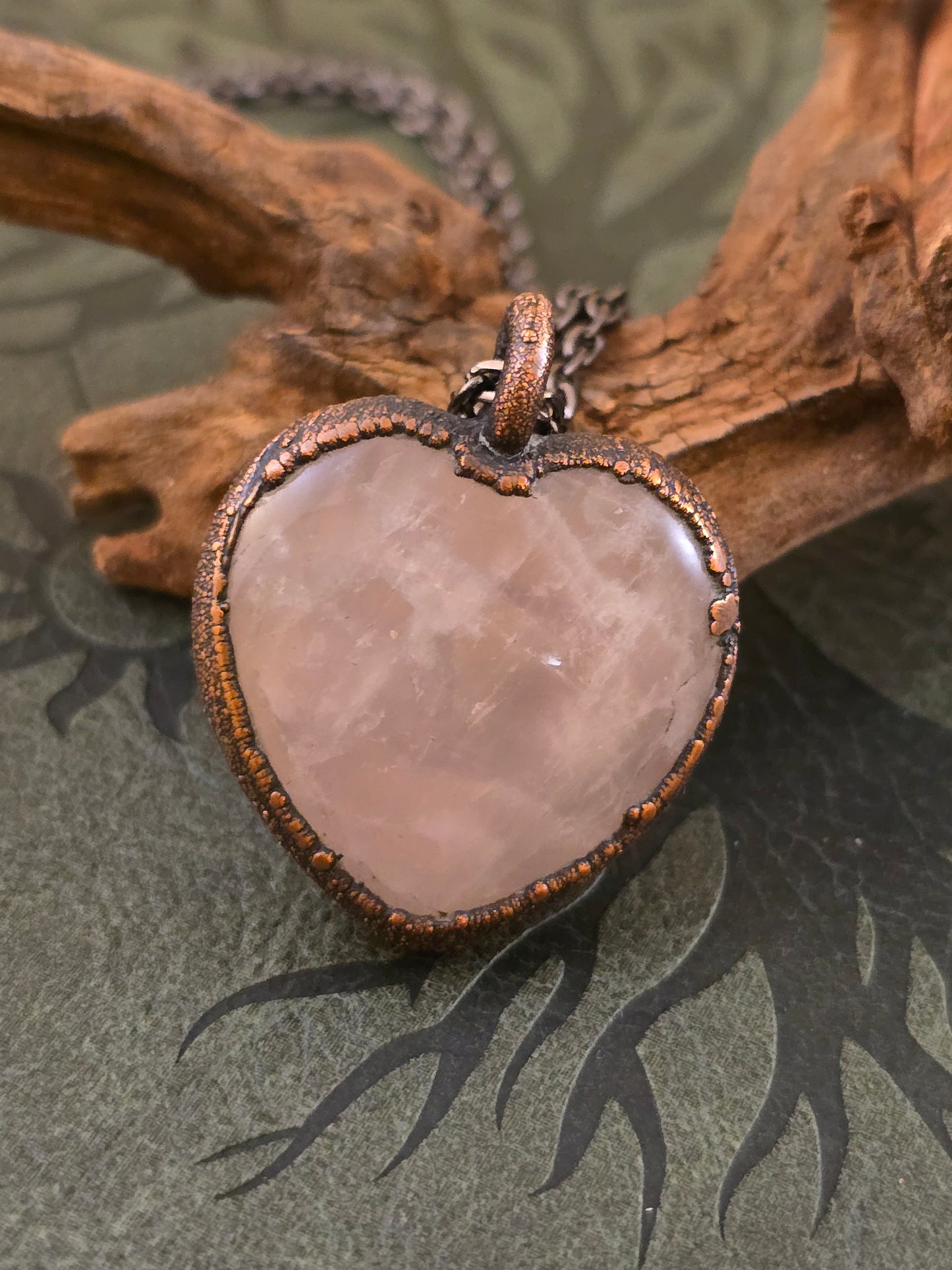 Rose Quartz Pendant - Heart Shaped - Copper Electroformed