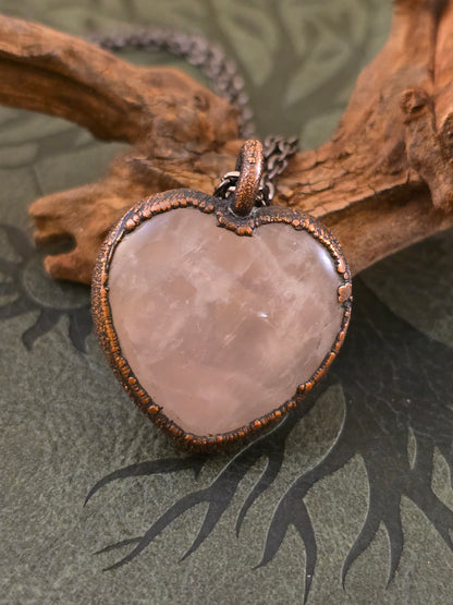 Rose Quartz Pendant - Heart Shaped - Copper Electroformed