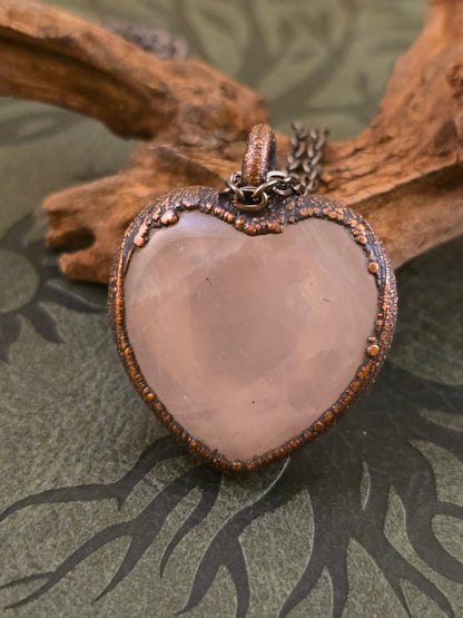 Rose Quartz Pendant - Heart Shaped - Copper Electroformed