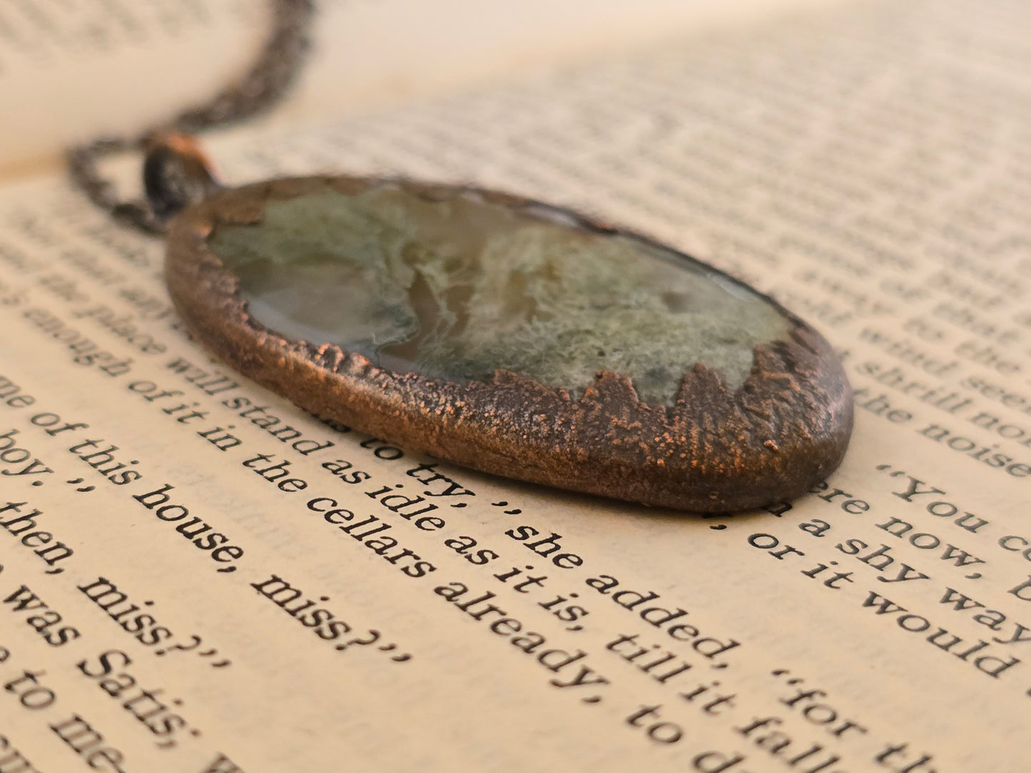 Green Moss Agate Pendant - Oval Gemstone - Copper Electroformed