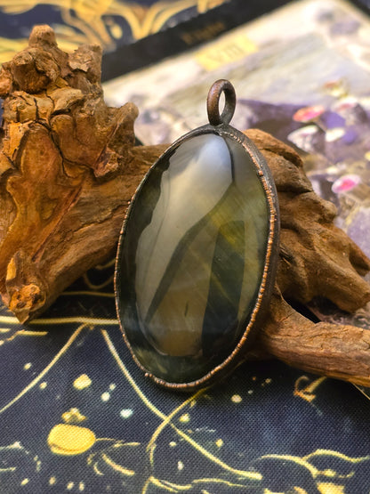 Blue Tigers Eye Pendant - Oval Gemstone - Copper Electroformed