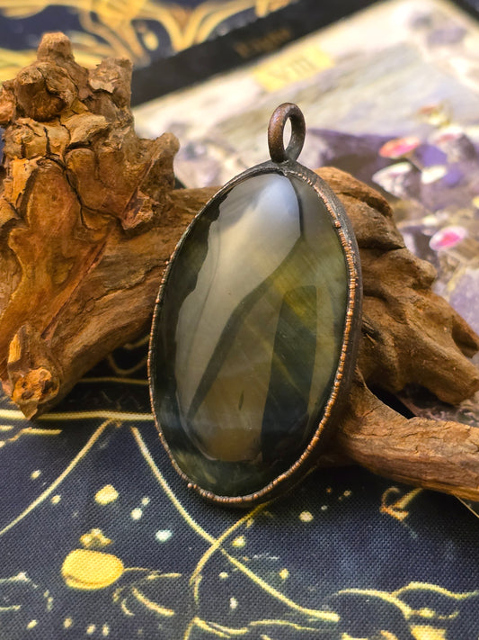 Blue Tigers Eye Pendant - Oval Gemstone - Copper Electroformed