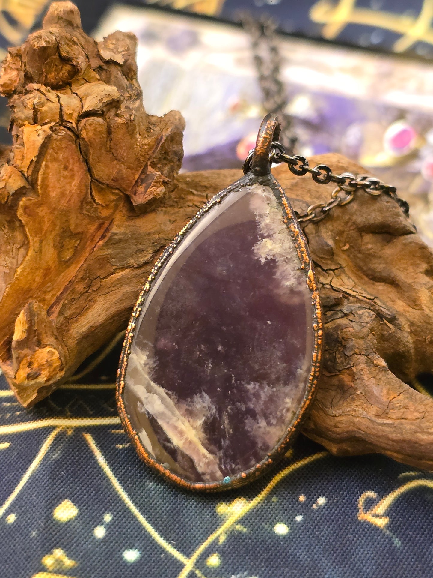 Purple Chalcedony Pendant - Teardrop Gemstone - Copper Electroformed