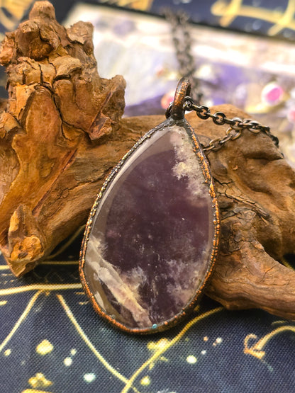 Purple Chalcedony Pendant - Teardrop Gemstone - Copper Electroformed