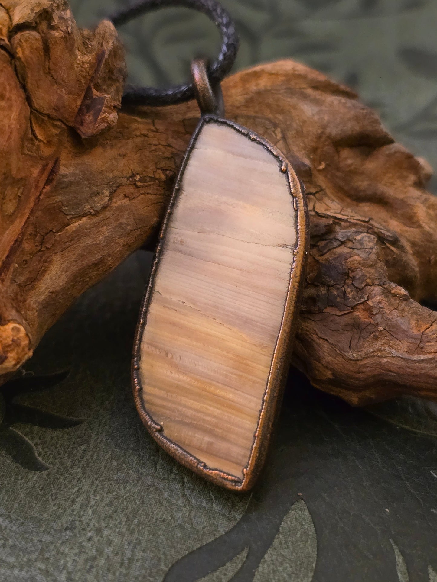 Fossilised Wood Pendant - Freeform Gemstone - Copper Electroformed
