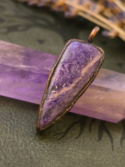 Purple Charoite Pendant - Triangle Gemstone - Copper Electroformed