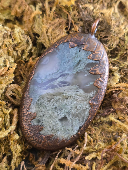 Green Moss Agate Pendant - Oval Gemstone - Copper Electroformed