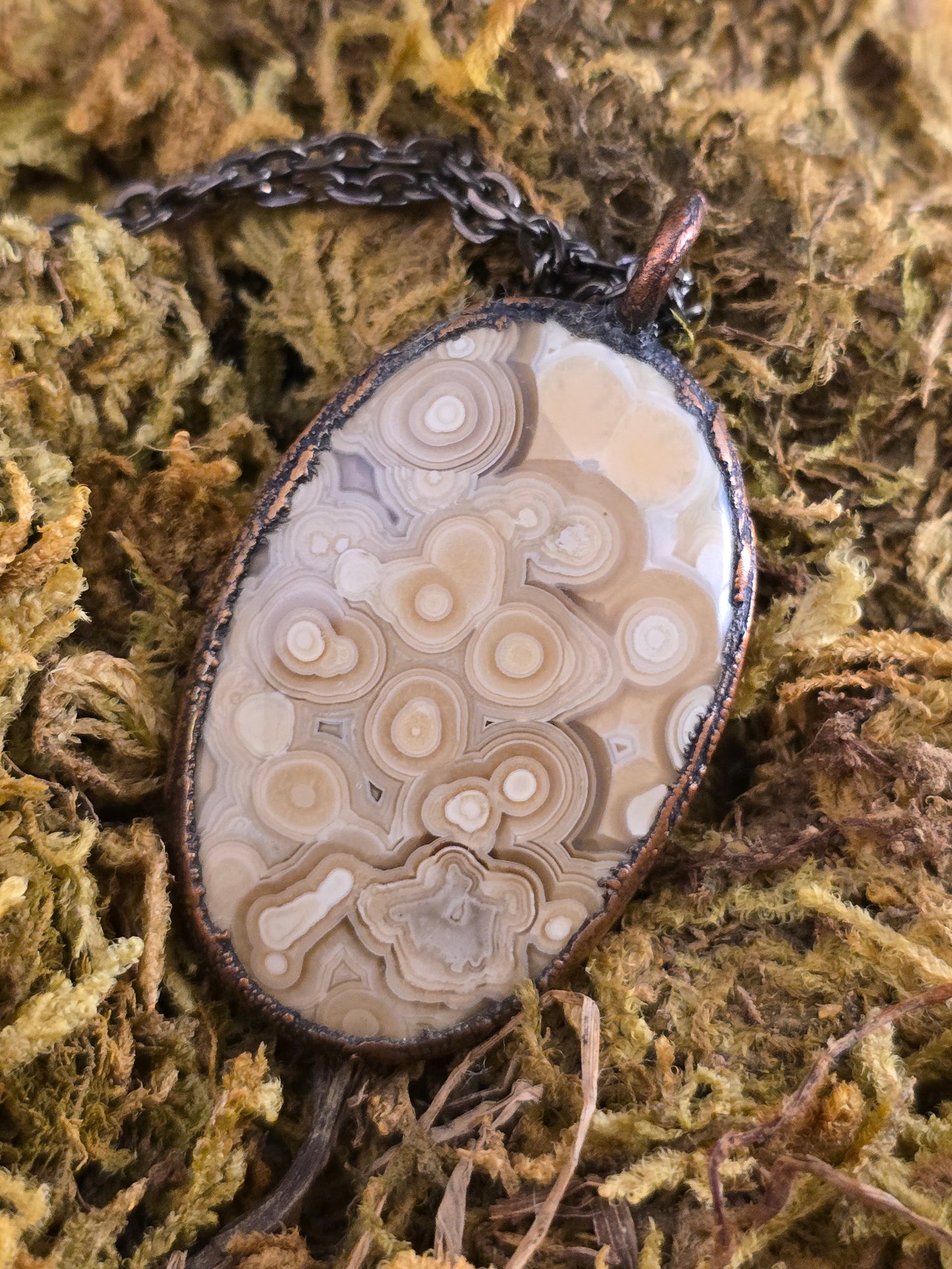 Crazy Lace Agate Pendant - Oval Gemstone - Copper Electroformed