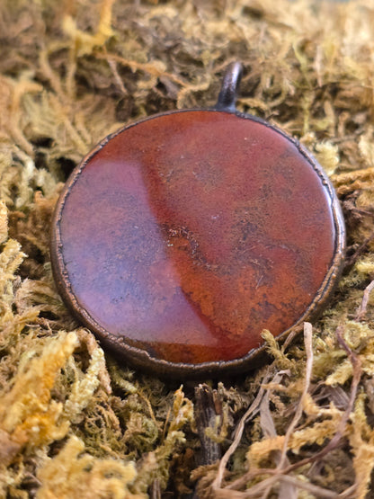 Red Moss Agate Pendant - Round Gemstone - Copper Electroformed