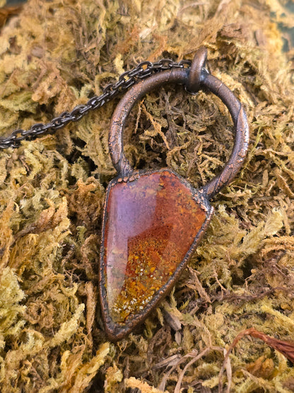Yellow Moss Agate Pendant - Freeform Gemstone - Copper Electroformed