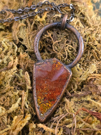 Yellow Moss Agate Pendant - Freeform Gemstone - Copper Electroformed
