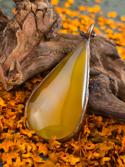 Yellow Onyx Pendant - Teardrop Gemstone - Copper Electroformed