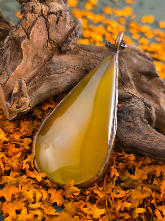 Yellow Onyx Pendant - Teardrop Gemstone - Copper Electroformed