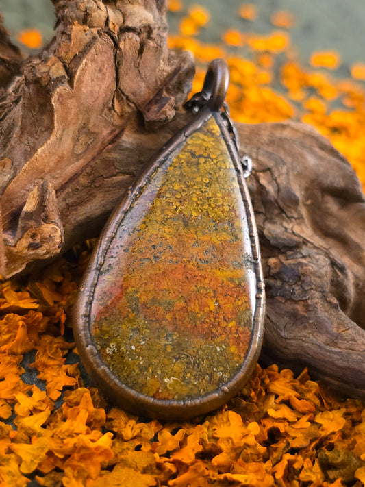 Yellow Moss Agate Pendant - Teardrop Gemstone - Copper Electroformed