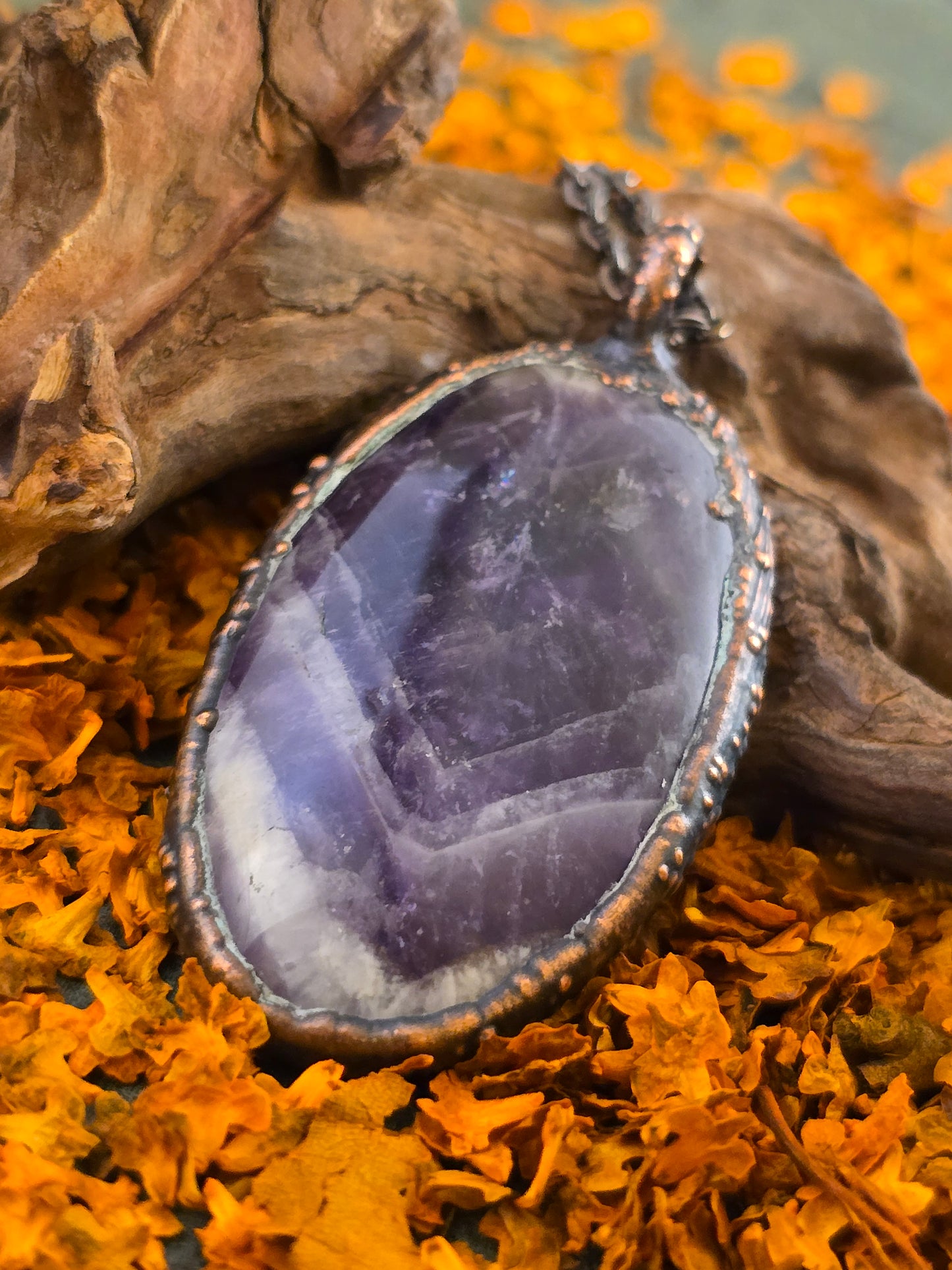 Chevron Amethyst Pendant - Oval Gemstone - Copper Electroformed