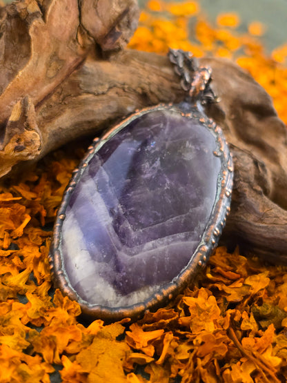 Chevron Amethyst Pendant - Oval Gemstone - Copper Electroformed