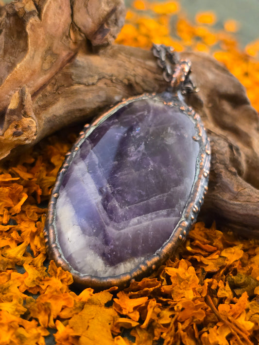 Chevron Amethyst Pendant - Oval Gemstone - Copper Electroformed