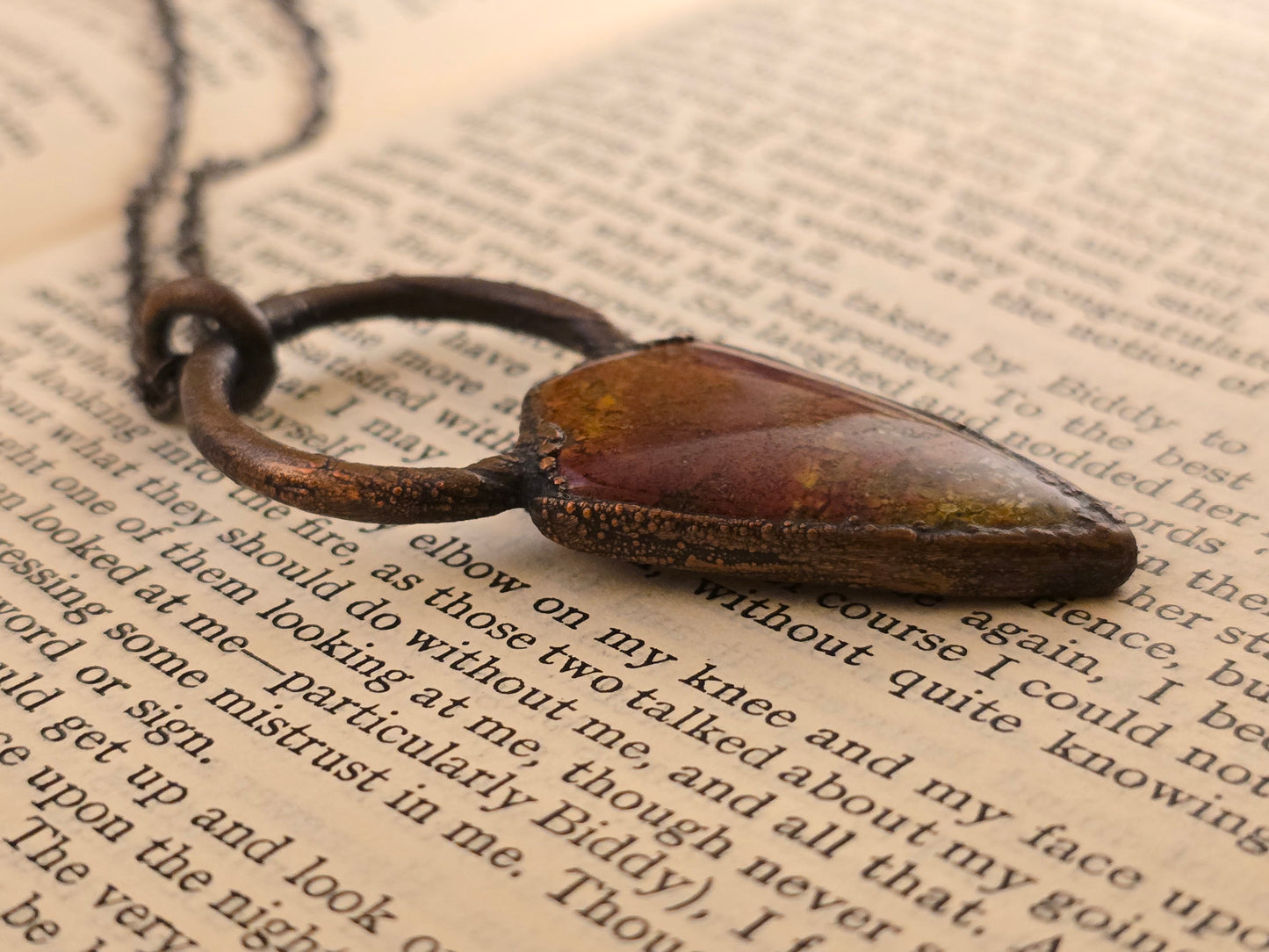 Yellow Moss Agate Pendant - Freeform Gemstone - Copper Electroformed