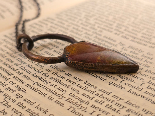 Yellow Moss Agate Pendant - Freeform Gemstone - Copper Electroformed