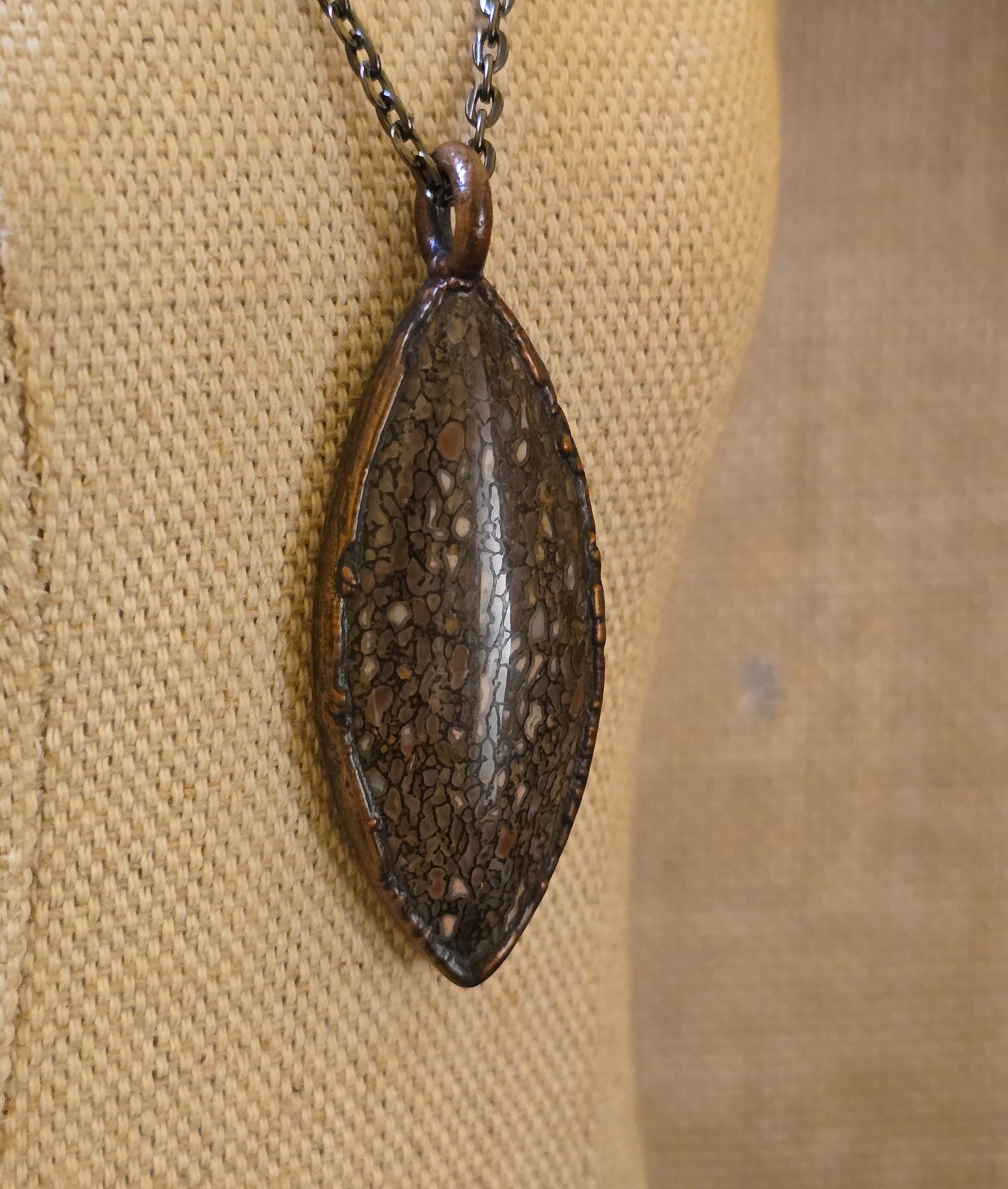 Fossilised Dinosaur Bone Pendant - Oval Gemstone - Copper Electroformed