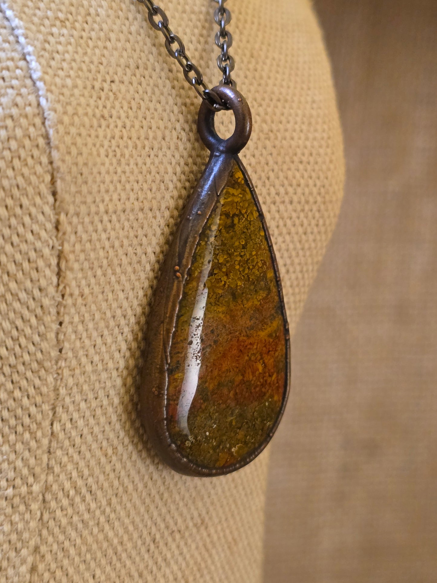 Yellow Moss Agate Pendant - Teardrop Gemstone - Copper Electroformed
