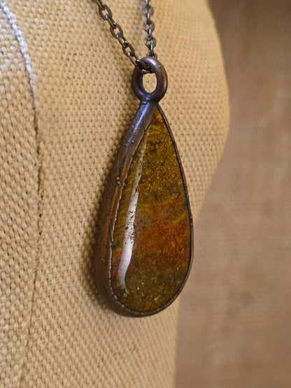 Yellow Moss Agate Pendant - Teardrop Gemstone - Copper Electroformed