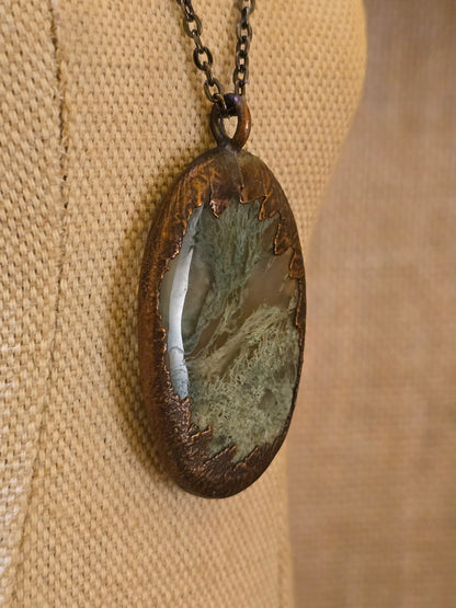 Green Moss Agate Pendant - Oval Gemstone - Copper Electroformed